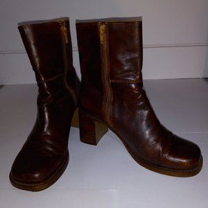 leather, shin-length burgundy 3" block heel boots, square toes, made in Brazil